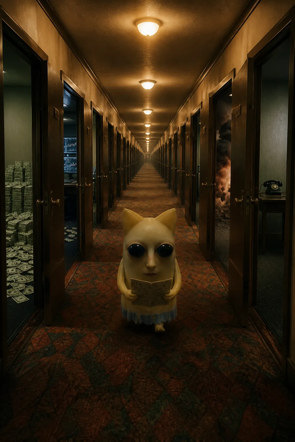 Ravioli walking toward the camera down an endless hotel hallway