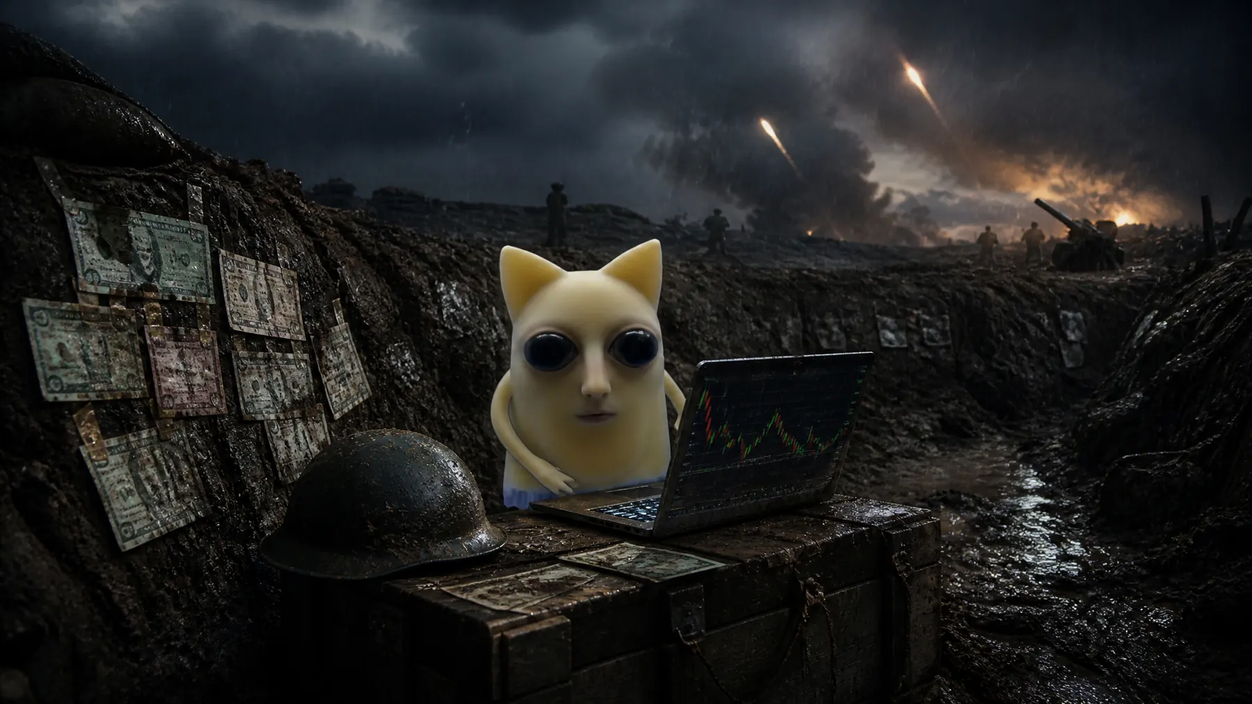 Ravioli checking a chart on a laptop in a muddy trench while rockets fly overhead